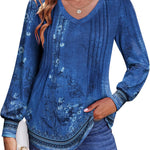 Nadorine Women'S Puff Long Sleeve Shirts Pleated V Neck Tunic Tops