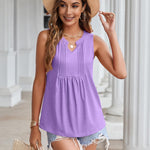 Nadorine Tank Tops Pleated V Neck Floral Solid Loose Fit Tops