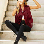 Women Faux Leather Vest Lapel Sleeveless Drape Tassel Open Front PU Fringe Jacket S-XXL - Nadorine (Us Only)
