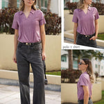 Nadorine Short Sleeve Polo T Shirts Pleated V Neck Tee