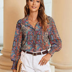 Nadorine Women's Button Down Shirts Loose Fit Striped Printed Lantern Blouses