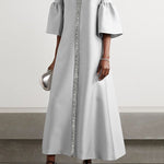 Flared Sleeves Half Sleeves Shiny Solid Color Round-Neck Midi Dresses
