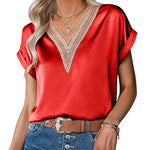 Zeagoo Women's T-Shirt Satin Blouse Lace V-Neck Shirt (DE Only)