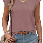 Nadorine V Neck Eyelet T Shirts Cap Sleeve Tops