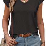 Nadorine V Neck Eyelet T Shirts Cap Sleeve Tops