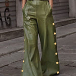 Loose Wide Leg Belted Buttoned Solid Color Casual Pants Bottoms Trousers