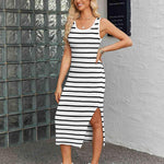 Nadorine Striped Knit Dress Casual Bodycon Side Slit Sundress