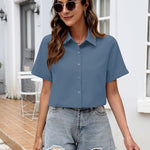 Nadorine Button Down Blouse Rolled Cuffed Short Sleeve Shirts