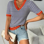 Nadorine Short Sleeve Sweaters Soft Casual V Neck Pullover Tops