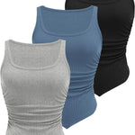 Nadorine Ribbed Tank Tops 3 Pack Scoop Neck Ruched Shirts