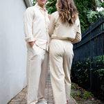 Women 2 Piece Outfits Sets Linen Button Down Long Sleeve Shirts and Wide Leg Pants Sets - Nadorine (Us Only)