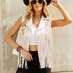 Women Faux Leather Vest Lapel Sleeveless Drape Tassel Open Front PU Fringe Jacket S-XXL - Nadorine (Us Only)