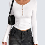 Slim Button Ribbed Knit Basic Tee Henley T Shirt (US Only)