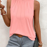 Nadorine Summer Tank Top for Women Pleated High Neck Tops