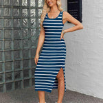 Nadorine Striped Knit Dress Casual Bodycon Side Slit Sundress