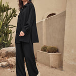 Women 2 Piece Outfits Sets Linen Button Down Long Sleeve Shirts and Wide Leg Pants Sets - Nadorine (Us Only)