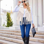 Women Faux Leather Vest Lapel Sleeveless Drape Tassel Open Front PU Fringe Jacket S-XXL - Nadorine (Us Only)