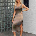 Nadorine Striped Knit Dress Casual Bodycon Side Slit Sundress