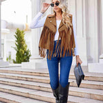 Women Faux Leather Vest Lapel Sleeveless Drape Tassel Open Front PU Fringe Jacket S-XXL - Nadorine (Us Only)