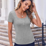 Nadorine Short Sleeve Shirts Ribbed Knit Square Neck Tshirt