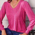Nadorine Women'S Puff Long Sleeve Shirts Pleated V Neck Tunic Tops
