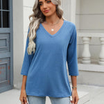 Nadorine 3/4 Length Sleeve Womens Tops Casual V Neck Shirts Soft Basic Tees Business Work Blouses
