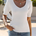 Nadorine Puff Sleeve Tops Sweater V Neck Short Sleeve Shirts