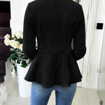 Women's Argyle Cable Knit Jacket Elegant Lapel Collar Gold Button Down Cardigan Ruffle Hem Long Sleeve Coat
