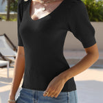 Nadorine Puff Sleeve Tops Sweater V Neck Short Sleeve Shirts