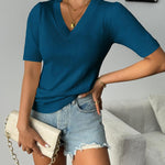Nadorine Short Sleeve Sweaters Soft Casual V Neck Pullover Tops