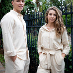 Women 2 Piece Outfits Sets Linen Button Down Long Sleeve Shirts and Wide Leg Pants Sets - Nadorine (Us Only)