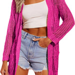 Nadorine Women 2024 Lightweight Crochet Cardigan Long Sleeve Open Front Knit Sweater Summer Kimono Cover Up with Pockets