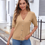 Nadorine Short Sleeve Cardigan Button Down Ribbed Knit Sweater Tops