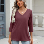 Nadorine 3/4 Length Sleeve Womens Tops Casual V Neck Shirts Soft Basic Tees Business Work Blouses