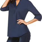 Women's Business Casual V Neck Cuffed Sleeves Work Blouse Top - Nadorine (Us Only)