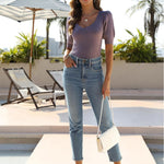 Nadorine Puff Sleeve Tops Sweater V Neck Short Sleeve Shirts