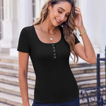 Nadorine Short Sleeve Shirts Ribbed Knit Square Neck Tshirt
