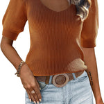 Nadorine Puff Sleeve Tops Sweater V Neck Short Sleeve Shirts