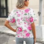 Nadorine Women's Short Sleeve V Neck Blouse Ruched Casual Tunic Tops