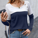 Nadorine Women Waffle Knit Shirts Long Sleeve Colorblock Tee