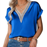 Zeagoo Women's T-Shirt Satin Blouse Lace V-Neck Shirt (DE Only)