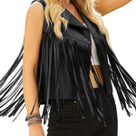 Women Faux Leather Vest Lapel Sleeveless Drape Tassel Open Front PU Fringe Jacket S-XXL - Nadorine (Us Only)