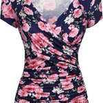 Nadorine Cross-Front V Neck Ruched Short Sleeve Blouses