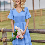Nadorine Damen Elegant V-Ausschnitt Kleider A Linie Kurzarm Freizeitkleid (DE Only)