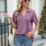 Nadorine Short Sleeve Polo T Shirts Pleated V Neck Tee