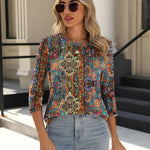 Nadorine 3/4 Length Sleeve Tops Loose Fit Shirts Pleated Tunics