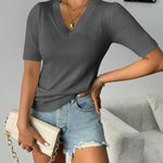 Nadorine Short Sleeve Sweaters Soft Casual V Neck Pullover Tops