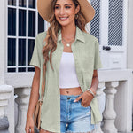 Nadorine Button Down Shirt Bust Pocket Short Sleeve Blouses