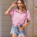 Nadorine Women's Cotton Button Down Shirts Short Sleeve Casual Shirts