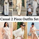 Women 2 Piece Outfits Sets Linen Button Down Long Sleeve Shirts and Wide Leg Pants Sets - Nadorine (Us Only)